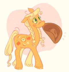 Size: 1962x2048 | Tagged: safe, artist:imperceiveable, applejack, earth pony, g4, alternate cutie mark, alternate hairstyle, applejack's hat, beige background, braid, cowboy hat, female, freckles, full body, hat, holding hat, mare, mouth hold, pink background, simple background, solo, twin braids, two toned background, unshorn fetlocks, walking, wingding eyes