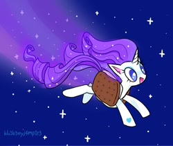 Size: 1000x845 | Tagged: safe, artist:flutterberrypie, rarity, unicorn, g4, :d, blue eyes, cute, female, flowing mane, flowing tail, flying, full body, heart, horn, ice cream sandwich, looking forward, mare, night, night sky, nyan cat, open mouth, open smile, outdoors, purple mane, purple tail, raribetes, rarity is a marshmallow, requested art, signature, sky, smiling, solo, space background, sparkles, sparkly mane, sparkly tail, stars, tail