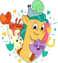 Size: 1591x1712 | Tagged: safe, hitch trailblazer, mcsnips-a-lot, bunnicorn, crab, earth pony, pony, rabbit, raccoon, raccoonicorn, snail, g5, my little pony: tell your tale, official, .ai available, .svg available, g5 brand assets, male, sheriff's badge, simple background, sparkles, stallion, svg, transparent background, vector