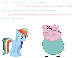 Size: 1742x1400 | Tagged: safe, artist:yellowdash1998v2, rainbow dash, pegasus, pig, pony, g4, 1000 hours in ms paint, comic sans, crack shipping, crossover, crossover shipping, cursed image, daddy pig, dialogue, downvote bait, english, every day we stray further from celestia, every day we stray further from god's light, facial hair, female, floating heart, frown, glasses, heart, implied pregnancy, infidelity, interspecies, love, male, mare, meme, multicolored hair, not salmon, peppa pig, rainbow hair, sad, sadbow dash, shipping, simple background, straight, text, trolling, wat, white background, wings, worried, wtf