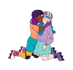 Size: 2100x2000 | Tagged: safe, artist:icey1517, artist:icey_1517, artist:tinypurplebrush, color edit, edit, izzy moonbow, sunny starscout, human, g5, alternate hairstyle, bandage, blushing, bracelet, cheek kiss, clothes, collaboration, colored, cute, dark skin, duo, duo female, eyes closed, female, fingerless gloves, gloves, helmet, hug, humanized, izzybetes, jewelry, kissing, knee pads, kneeling, lesbian, mane stripe sunny, roller skates, ship:moonscout, shipping, shirt, shoes, shorts, simple background, skates, skirt, socks, stockings, sunnybetes, sweater, t-shirt, thigh highs, transparent background