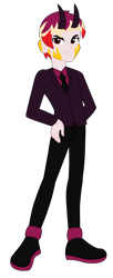 Size: 706x1730 | Tagged: safe, artist:robertsonskywa1, oc, oc only, oc:starbreaker firewalker, demon, human, equestria girls, g4, business suit, casual, clothes, hand on hip, hazbin hotel, horns, male, new outfit, photo, simple background, solo, transparent background, vitiligo