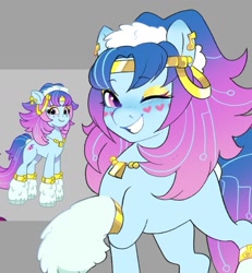 Size: 947x1027 | Tagged: safe, artist:aztrial, odessa evensong, cyborg, cyborg pony, earth pony, pony, g5, my little pony: tell your tale, the petal gala, leak, clothes, colored, cute, ear piercing, earring, eyeshadow, female, freckles, gradient mane, gradient tail, grin, heart freckles, jewelry, leg warmers, long mane, looking at you, makeup, mare, necklace, odessabetes, one eye closed, piercing, raised hoof, reference used, smiling, smiling at you, solo, tail, wink, winking at you