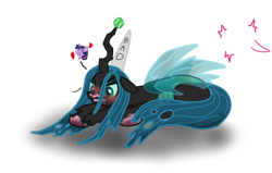 Size: 768x487 | Tagged: safe, artist:neowemu, queen chrysalis, twilight sparkle, alicorn, changeling, changeling queen, pony, g4, annoyed, ball, blushing, dialogue, dirty hooves, dunce hat, female, hat, horn, hornball, lesbian, lying down, mare, prone, ship:twisalis, shipping, simple background, thinking, transparent background, twilight sparkle (alicorn)