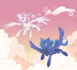 Size: 2000x1800 | Tagged: safe, artist:couka-jeiko, princess celestia, princess luna, alicorn, pony, g4, cewestia, cloud, duo, female, filly, filly luna, flying, grin, looking at each other, looking at someone, outdoors, royal sisters, siblings, sisters, sky, smiling, woona, younger