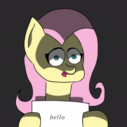 Size: 2048x2048 | Tagged: safe, artist:anonymous, fluttershy, pegasus, pony, g4, dark background, female, gray background, greeting, hard shadows, mare, menacing, paper, shrunken pupils, simple background, solo