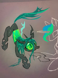 Size: 1500x2000 | Tagged: safe, artist:ch-1060, queen chrysalis, changeling, changeling queen, g4, gradient background, green mane, implied princess celestia, looking up, sketch, wip