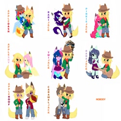 Size: 736x736 | Tagged: safe, artist:crazy, applejack, caramel, coloratura, fluttershy, pinkie pie, rainbow dash, rarity, trenderhoof, twilight sparkle, earth pony, pegasus, anthro, plantigrade anthro, g4, applejack gets all the mares, bisexual, clothes, cowboy hat, denim, earth pony rarity, earth pony trenderhoof, female, flower, gacha, gacha club, gacha life, hat, jeans, lesbian, male, mane six, overalls, pants, pegasus twilight sparkle, race swap, ship:appledash, ship:applepie, ship:appleshy, ship:carajack, ship:rarajack, ship:rarijack, ship:trenderjack, ship:twijack, shipping, shirt, simple background, straight, white background