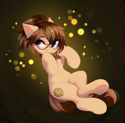 Size: 3884x3829 | Tagged: safe, artist:empress-twilight, oc, oc only, oc:alyna, earth pony, pony, bangs, belly, belly button, blue eyes, brown coat, brown mane, brown tail, cheek fluff, chest fluff, clothes, colored eyebrows, commission, crossed legs, ear fluff, earth pony oc, eye clipping through hair, eyebrows, eyebrows visible through hair, eyelashes, female, female oc, glasses, gradient background, hair tie, high res, hock fluff, leg fluff, long tail, looking away, looking back, mane tie, mare, mare oc, ponytail, raised hooves, scarf, shiny mane, shiny tail, smiling, solo, sparkles, striped scarf, tail, thin, three quarter view, tied mane, tongue out, two toned mane, underhoof, ych result