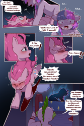 Size: 960x1440 | Tagged: safe, artist:cold-blooded-twilight translation, edit, pinkie pie, spike, twilight sparkle, dragon, earth pony, pony, unicorn, cold blooded twilight, comic:cold storm (ru), g4, alternate design, bed, belly, belly button, blue balls, blushing, book, comic, crying, cyrillic, dialogue, eyes closed, female, golden oaks library, horn, lesbian, mare, open mouth, pinkie sense, running, russian, ship:twinkie, shipping, shrunken pupils, speech bubble, translation, translator:agent00k0t, unicorn twilight