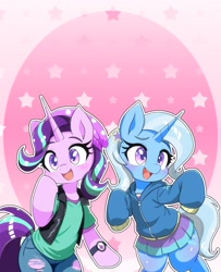 Size: 1666x2048 | Tagged: safe, artist:zeon_kanayu, starlight glimmer, trixie, pony, unicorn, semi-anthro, g4, backwards cutie mark, beanie hat, bipedal, clothes, denim, duo, duo female, equestria girls outfit, female, gradient background, horn, jeans, mare, pants, shirt, skirt, sweatshirt, t-shirt, vest, watch