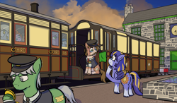 Size: 3498x2048 | Tagged: safe, artist:turbojuk, derpy hooves, oc, earth pony, pegasus, pony, g4, butt, evening, female, locomotive, male, mare, mouth hold, narrow gauge, outdoors, plot, railroad, stallion, train, train station, trottingham vale light railway