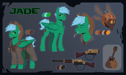 Size: 5000x3000 | Tagged: safe, artist:kirasunnight, oc, oc only, pegasus, pony, robot, fallout equestria, battle saddle, blue mane, blue tail, clothes, coat, commission, cowboy hat, cutie mark, green coat, green eyes, guitar, gun, hat, looking at you, male, male oc, musical instrument, pegasus oc, plant, pony oc, reference sheet, smiling, spritebot, stallion, stallion oc, tail, weapon, wings