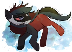 Size: 1206x885 | Tagged: safe, artist:babka, oc, oc only, oc:sanitarian, earth pony, pony, g4, black fur, gray eyes, no clothes, pony oc, red eyes, red fur, scar, solo, two toned mane