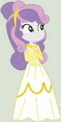 Size: 198x394 | Tagged: safe, artist:jadeharmony, sweetie belle, human, equestria girls, g4, alternate hairstyle, base used, base:selenaede, beauty and the beast, belle, clothes, cute, diasweetes, disney princess, dress, evening gloves, female, gloves, gown, hairband, hands together, long gloves, namesake, pun, smiling, solo, visual pun