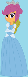 Size: 175x478 | Tagged: safe, artist:jadeharmony, scootaloo, human, equestria girls, g4, alternate hairstyle, base used, base:selenaede, blue background, cinderella, clothes, crossed arms, crown, cute, cutealoo, disney princess, dress, evening gloves, fairy wings, female, gloves, gown, jewelry, long gloves, poofy shoulders, regalia, scootaloo also dresses in style, simple background, smiling, solo, wings