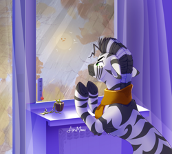 Size: 1869x1668 | Tagged: safe, alternate version, artist:alrumoon_art, oc, oc only, oc:rayven, zebra, series:rayven's season hatepack, :3, angry, autumn, clothes, floppy ears, indoors, male, plant, scarf, solo, sun, thermometer, window, zebra oc