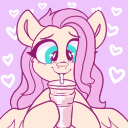 Size: 1400x1400 | Tagged: safe, artist:werew00f, fluttershy, pegasus, pony, g4, animated, bust, coffee, cup, cute, drinking straw, female, heart, holding, mare, shyabetes, sipping, solo, wings