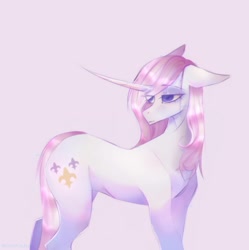 Size: 1487x1494 | Tagged: safe, artist:walkersky27, fleur-de-lis, pony, unicorn, g4, concave belly, curved horn, eye clipping through hair, female, horn, mare, simple background, solo, turned head