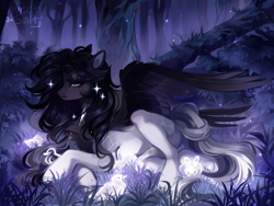 Size: 4000x3000 | Tagged: safe, artist:sweettsa1t, oc, oc only, bird, pegasus, pony, rabbit, animal, belly, commission, female, forest, high res, lidded eyes, mare, nature, night, outdoors, signature, smiling, solo, thin, tree