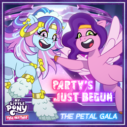 Size: 2160x2160 | Tagged: safe, artist:shad0w-galaxy, odessa evensong, pipp petals, cyborg, cyborg pony, earth pony, pegasus, pony, g5, my little pony: tell your tale, the petal gala, leak, belly, clothes, concave belly, cover art, duo, duo female, ear piercing, earring, english, eyeshadow, female, freckles, future, gold jewelry, headband, heart, heart freckles, height difference, high res, i can't believe it's not hasbro studios, jewelry, leg warmers, makeup, mare, music notes, necklace, open mouth, party's just begun, piercing, pipp is chubby, round belly, show accurate, skinny, slender, slightly chubby, smiling, song, song in the description, stage, style emulation, thin, youtube link