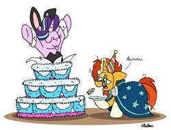 Size: 2307x1749 | Tagged: safe, artist:bobthedalek, starlight glimmer, sunburst, pony, unicorn, g4, birthday, bunny suit, cake, comically missing the point, disappointed, duo, duo male and female, fake cake, female, food, hat, hooves in air, horn, magic, male, mare, party hat, playboy bunny, popping out of a cake, ship:starburst, shipping, simple background, stallion, straight, telekinesis, tongue out, white background