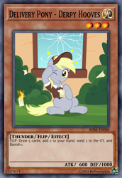 Size: 813x1185 | Tagged: safe, artist:badumsquish, derpibooru exclusive, derpy hooves, pony, g4, ;p, belly, card, card game, ccg, circling stars, crack, crash, dizzy, effect monster card, embarrassed, envelope, equestria's best mailmare, female, fire, hat, hoof on head, house, i just don't know what went wrong, looking at you, mailmare, mailmare hat, mailmare uniform, mare, monster card, one eye closed, oops, show accurate, sitting, solo, stunned, tongue out, trading card, window, wink, yu-gi-oh!, yugioh card