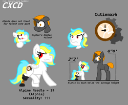 Size: 974x798 | Tagged: safe, artist:cxcd, oc, oc only, oc:alpine needle, pegasus, amputee, blue mane, duo, gray background, pegasus oc, prosthetic limb, prosthetics, red eyes, reference sheet, simple background, white coat