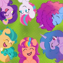 Size: 1080x1080 | Tagged: safe, artist:naye_livelife, hitch trailblazer, izzy moonbow, misty brightdawn, pipp petals, sparky sparkeroni, sunny starscout, zipp storm, dragon, earth pony, pegasus, pony, unicorn, g5, abstract background, baby, baby dragon, eyes closed, female, group photo, horn, lying down, male, mane five, mane seven (g5), mane six (g5), mane stripe sunny, mare, rebirth misty, stallion