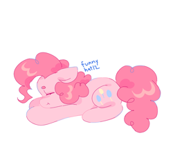 Size: 2048x1901 | Tagged: safe, artist:funnyhat12, pinkie pie, earth pony, pony, g4, :t, closed mouth, eyebrows, eyes closed, female, full body, lying down, mare, prone, side view, signature, simple background, sleeping, solo, white background