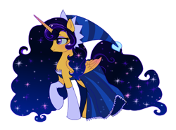 Size: 1417x1057 | Tagged: safe, artist:dulcesilly, alicorn, pony, cap, clothes, cookie run, dress, ethereal mane, evening gloves, female, gloves, hat, long gloves, mare, moonlight cookie, not luna, ponified, simple background, solo, starry mane, white background