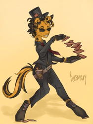 Size: 768x1024 | Tagged: safe, artist:rasmary, curly, oc, oc only, oc:cookie cheetos, earth pony, pony, semi-anthro, fallout equestria, g2, g4, my little pony: friendship is magic, art, bipedal, black and yellow, card, cardsharper, clothes, colt, curly hair, curly mane, digital art, foal, full body, glasses, hat, holster, long tail, male, necktie, not cheese sandwich, rust, short hair, short mane, solo, stallion, suit, tail