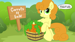 Size: 3840x2160 | Tagged: safe, artist:pusspuss, carrot top, golden harvest, earth pony, pony, semi-anthro, g4, bucket, carrot, ear fluff, female, food, grin, implied anon, kneeling, looking at you, mare, outdoors, pony waifu sim, sign, smiling, smiling at you, solo, talking to viewer