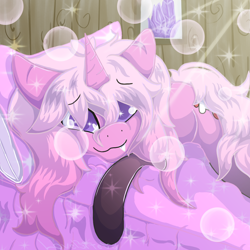 Size: 1100x1100 | Tagged: safe, artist:alorablossom, oc, oc only, oc:alora blossom, pony, unicorn, bed, clothes, fangs, female, horn, indoors, looking at you, lying down, mare, on bed, prone, socks, solo