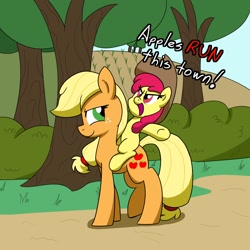 Size: 1000x1000 | Tagged: safe, artist:unitxxvii, apple bloom, applejack, earth pony, pony, g4, accessory swap, apple bloom riding applejack, apple sisters, applejack's hat, cowboy hat, dialogue, duo, duo female, female, filly, foal, furrowed brow, hat, mare, open mouth, outdoors, ponies riding ponies, riding, riding a pony, siblings, sisters, smiling