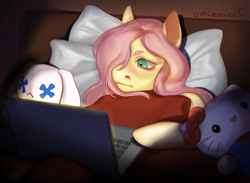 Size: 2059x1505 | Tagged: safe, artist:mennicat, fluttershy, pony, g4, bed, blanket, computer, female, hello kitty, in bed, indoors, laptop computer, mare, night, pillow, plushie, sanrio, signature, solo