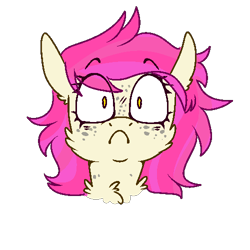 Size: 500x500 | Tagged: safe, artist:molars, oc, oc only, oc:molars, pony, bust, cheek fluff, chest fluff, emote, female, freckles, looking at you, mare, pink mane, portrait, raised eyebrows, simple background, solo, transparent background