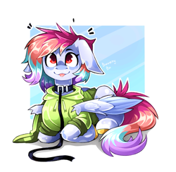 Size: 2525x2466 | Tagged: safe, artist:buvanybu, oc, oc only, oc:jungle, donkey, pegasus, :p, clothes, collar, floppy ears, hoodie, leash, lying down, male, not rainbow dash, passepartout, pet play, ponyloaf, prone, sitting, solo, stallion, tongue out