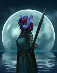 Size: 3928x5000 | Tagged: safe, artist:miurimau, oc, oc only, unicorn, anthro, armor, cloak, clothes, commission, curved horn, female, full moon, horn, moon, night, ocean, outdoors, slit pupils, solo, sword, water, weapon