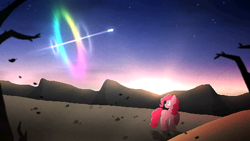 Size: 2048x1152 | Tagged: safe, artist:sirius leaf, pinkie pie, rainbow dash, earth pony, pegasus, pony, g4, detailed background, duo, duo female, female, flying, looking up, mare, mountain, outdoors, raised hoof, sonic rainboom, sunset, wallpaper