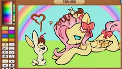 Size: 1557x883 | Tagged: safe, artist:shytrashy, angel bunny, fluttershy, pegasus, pony, rabbit, g4, animal, animal jam, art program in frame, bow, cherry, chocolate syrup, duo, female, food, lying down, male, mare, prone, rainbow, tail, tail bow