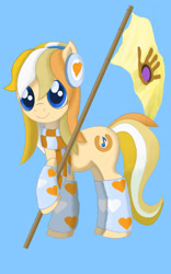 Size: 1280x2048 | Tagged: safe, artist:maslivka, oc, oc only, oc:aureate flame, earth pony, pony, blue background, clothes, flag, headphones, leg warmers, scarf, simple background, solo