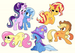 Size: 2000x1410 | Tagged: safe, artist:mattiour, applejack, fluttershy, starlight glimmer, sunset shimmer, trixie, earth pony, pegasus, pony, unicorn, g4, applejack's hat, beige background, cape, clothes, cowboy hat, female, folded wings, freckles, hat, horn, mare, simple background, trixie's cape, trixie's hat, wings