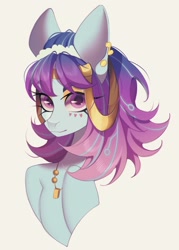 Size: 917x1280 | Tagged: safe, artist:meggychocolatka, odessa evensong, cyborg, cyborg pony, earth pony, pony, g5, my little pony: tell your tale, the petal gala, leak, big ears, colored, colored sketch, ear piercing, earring, eyeshadow, female, freckles, heart freckles, jewelry, looking at you, makeup, mare, necklace, piercing, simple background, sketch, solo, white background