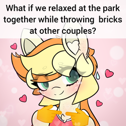 Size: 1920x1920 | Tagged: safe, artist:sodapop sprays, oc, oc only, oc:sodapop sprays, pegasus, pony, blushing, caption, clothes, eye clipping through hair, fingers together, meme, shirt, solo, text