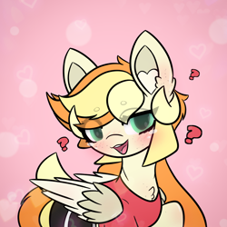 Size: 1920x1920 | Tagged: safe, artist:sodapop sprays, oc, oc only, oc:sodapop sprays, pegasus, pony, blushing, clothes, eye clipping through hair, question mark, shirt, smug, solo