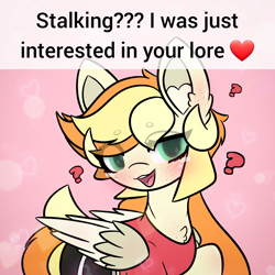 Size: 1920x1920 | Tagged: safe, artist:sodapop sprays, oc, oc only, oc:sodapop sprays, pegasus, pony, blushing, caption, clothes, eye clipping through hair, meme, question mark, shirt, solo, stalker, stalking, text