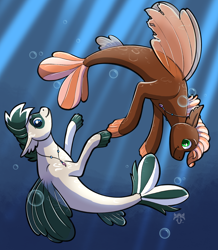 Size: 3354x3852 | Tagged: safe, oc, oc:malt, oc:pearl diver, classical hippogriff, hippogriff, sea pony, seapony (g4), beak, bubble, commission, dorsal fin, female, female oc, fin, fin wings, fins, fish tail, friends, hippogriff oc, hippogriffied, injured, jewelry, looking at each other, looking at someone, necklace, nonbinary, ocean, scales, smiling, smiling at each other, species swap, tail, underwater, water, wings