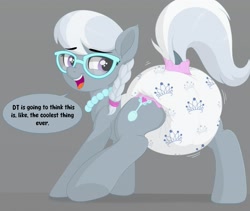 Size: 2375x2000 | Tagged: safe, artist:nineplusten, silver spoon, earth pony, pony, g4, abdl, butt, cutie mark diapers, diaper, diaper fetish, diapered, diapered filly, female, fetish, filly, foal, foalcon, glasses, high res, mane, non-baby in diaper, open mouth, plot, presenting, presenting butt, solo, speech bubble, tail, tail hole, underhoof