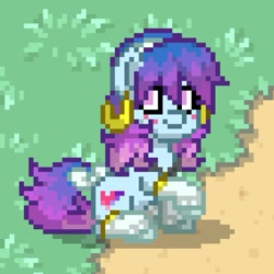 Size: 687x687 | Tagged: safe, artist:brightdawns_, odessa evensong, cyborg, cyborg pony, earth pony, pony, pony town, g5, my little pony: tell your tale, the petal gala, leak, clothes, colored, cute, ear piercing, earring, female, game screencap, jewelry, leg warmers, mare, odessabetes, outdoors, piercing, raised hoof, sitting, solo